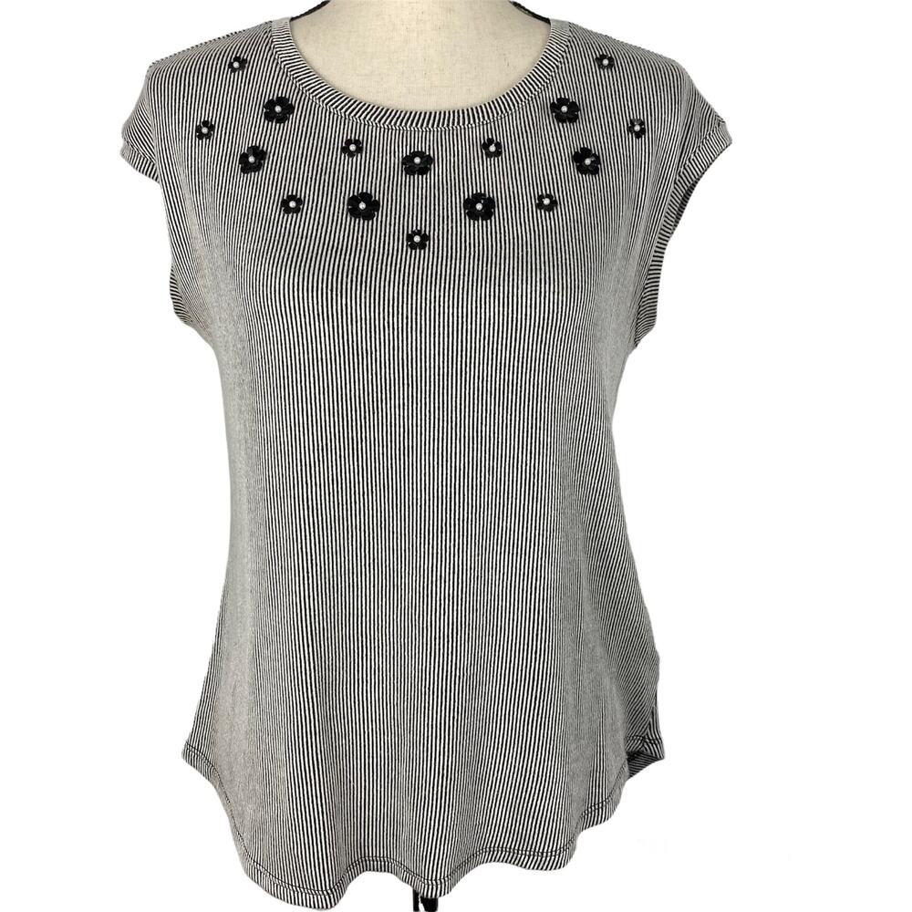 ELLE Sequin Blouse Short Sleeve Black Striped Scoopneck Top Womens XS